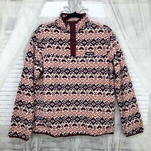 Lands End Medium Heritage Fleece Snap Pullover Burgundy Red Pink Sweater NWOT